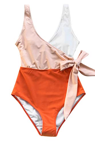 CUPSHE Damen Badeanzug mit Wickeloptik, Orange/Weiß - 2